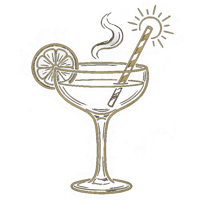 Stylized cocktail icon showing a glass with a lemon slice symbolizing the bar service with a simple graphic background